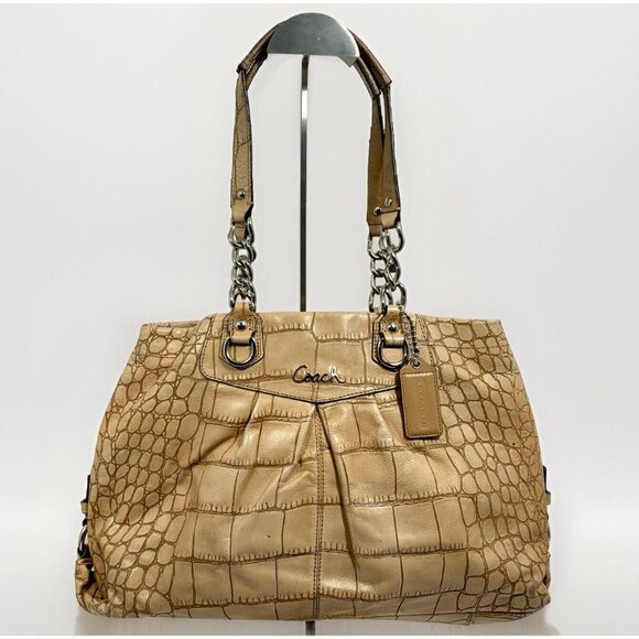 COACH Ashley F17661 Croc Embossed Leather Carry All Tote Bag Purse Chain Strap - Picture 2 of 16